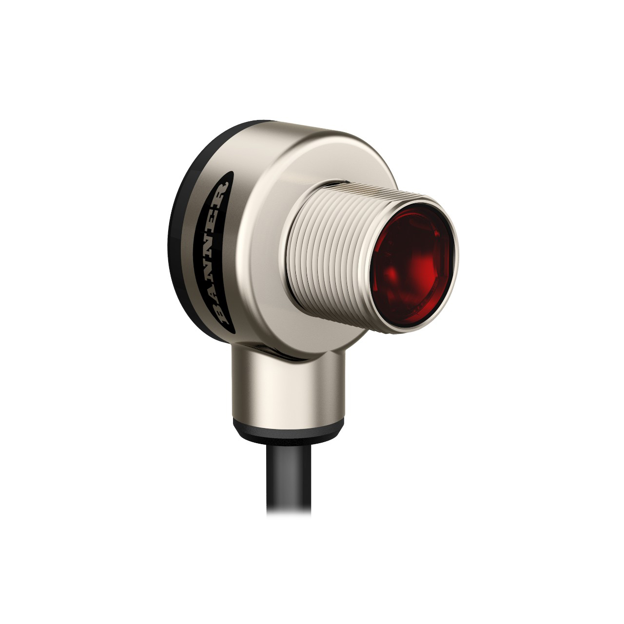Banner Engineering Photoelectric Sensor; Fixed-Field Background Suppression; 18mm Barrel - Right Angle; 100mm Cutoff Range; 10-30VDC; PNP; Light Operate; M12 Pigtail QD